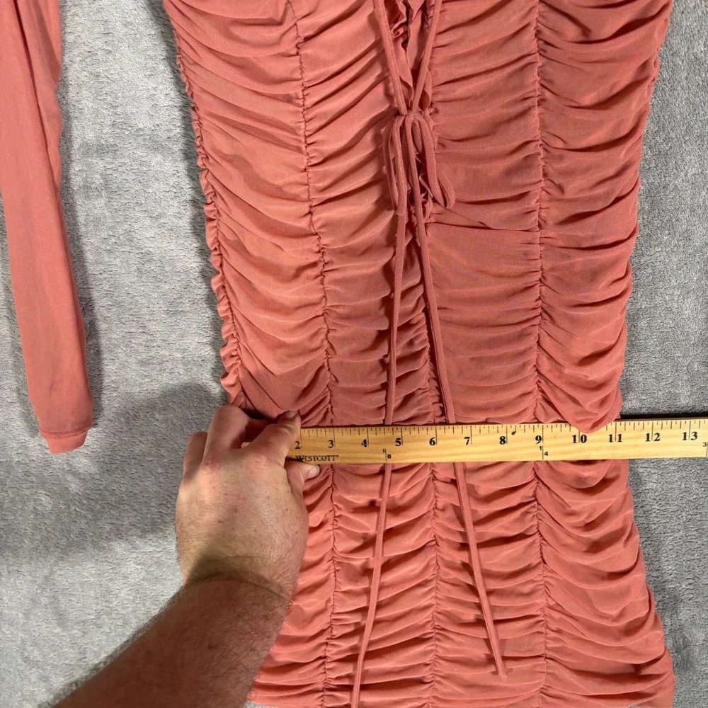 Majorelle Mini Jardin Dress Size S Pink‎ Ruched Mesh Lace Up Long Sleeve Bodycon - Picture 10 of 14